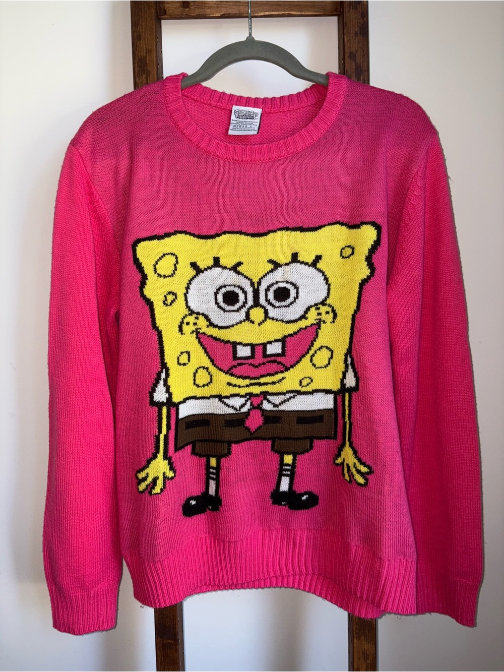 SpongeBob Squarepants Hot Pink Crewneck Sweater Knit Graphic Men’s Medium Retro